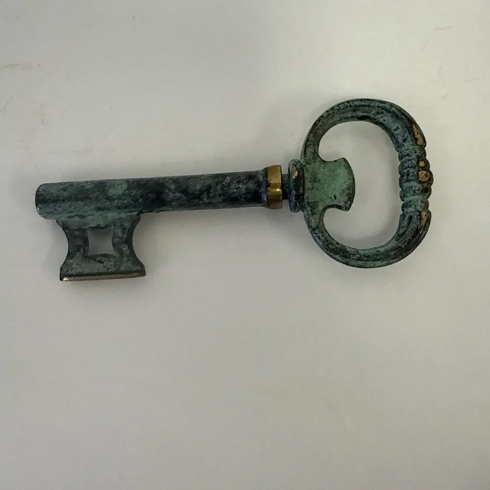 Vintage Brass Skeleton Key Wine Bottle Opener Corkscrew German Verdigris